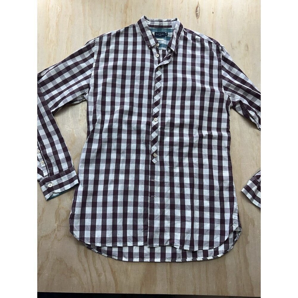 Paul Smith Jeans Button Down Shirt M Burgundy White Checked Long Sleeve Fitted